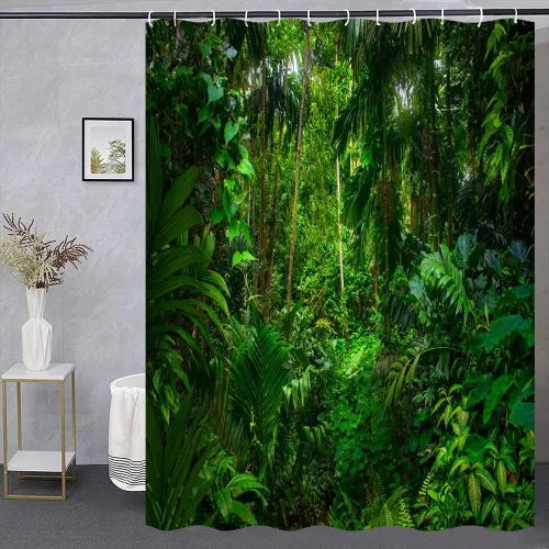 Miniatura 3 de Cortina de ducha de bosque tropical, bosque verde, hojas de palma, paisaje, luz solar, decoración de baño al aire libre, cortinas de tela con gancho
