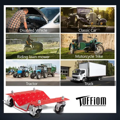 Miniatura 7 de TUFFIOM Juego de 4 carros para automóvil, 8000 libras de capacidad, carrito de vehículos resistentes, patines de neumáticos de acero con frenos