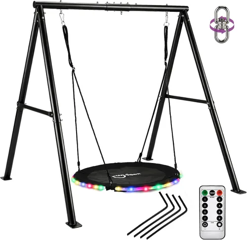 Juego de columpio de 440 libras para patio trasero con platillo LED de 40 pulgadas y soporte de metal resistente con marco en A, juego de columpios
