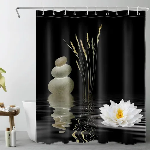Miniatura 11 de LB Cortina de ducha asiática de piedra zen, cortina de ducha japonesa para baño, cortinas de baño de tela negra de 48 x 72 pulgadas con ganchos