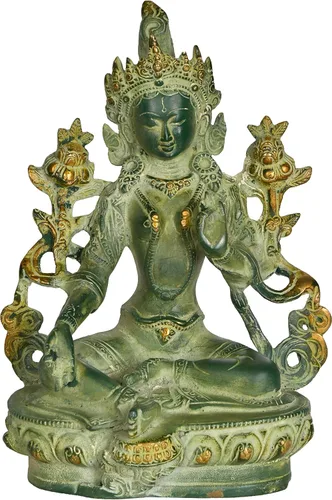 Exotic India Tara verde, quien te salva (Deidad budista tibetana) - Estatua de latón - Color verde Chola Chola Verde
