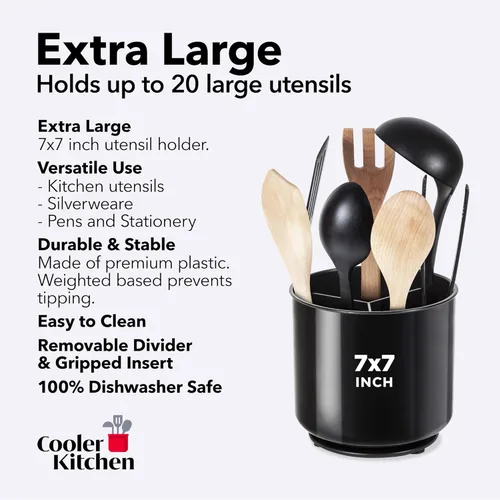 Miniatura 5 de Cooler Kitchen Portautensilios Jumbo Extra Grande Resistente Giratorio Negro con Base Pesada Antivuelco e Inserto con Agarre - A Prueba de Óxido