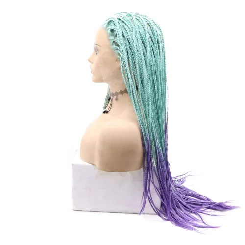Miniatura 6 de Pelucas trenzadas azules con encaje frontal para mujeres negras, con micro trenzas trenzadas, color degradado, menta, verde, azul, morado, peluca