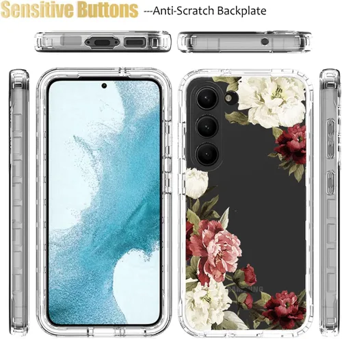 Miniatura 5 de Funda para Galaxy S23 con protector de pantalla de vidrio templado, funda protectora de cuerpo completo con bonito patrón floral transparente