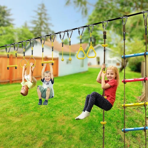 Miniatura 14 de Ninja Warrior - Carrera de obstáculos para niños, kit de línea floja de 2 x 56 pies con 10 accesorios ninja, barra de mono, escalera de cuerda