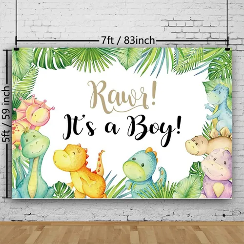 Miniatura 2 de Cartel de fondo de baby shower de dinosaurio pequeño de 7 x 5 pies con texto en inglés "It's A Boy" ("It's A Boy"), telón de fondo para baby shower