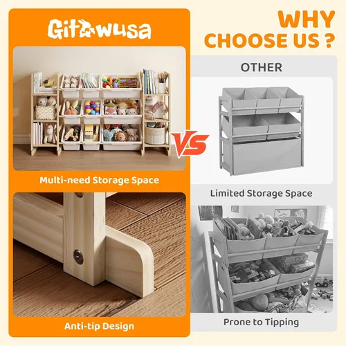 Miniatura 3 de GITAWUSA Estantería para niños y organizador de almacenamiento de juguetes, estante de libros de 6 niveles con 9 contenedores de juguetes, estante