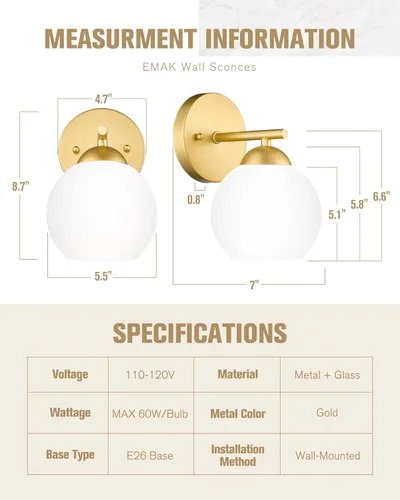 Miniatura 4 de Emak WS114-GD-ML-2PK - Moderno paquete de 2 apliques de pared de globo, luz dorada con pantalla de vidrio de leche para baño, sala de estar, fotos