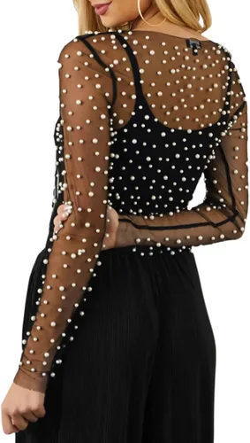 Miniatura 3 de Top sexy de malla transparente con perlas para mujer, top transparente de manga larga con diamantes de imitación