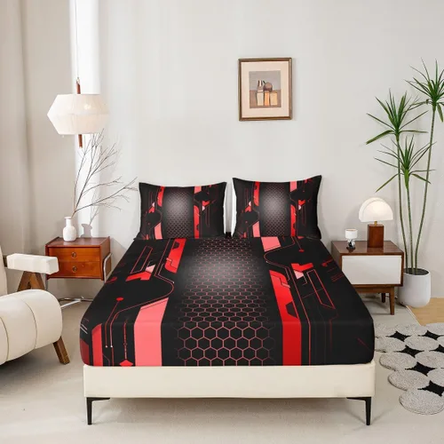 Miniatura 5 de Manfei Sábana bajera ajustable de panal rojo, tamaño matrimonial, juego de ropa de cama hexagonal geométrica de 3 piezas para decoración de Multi 07