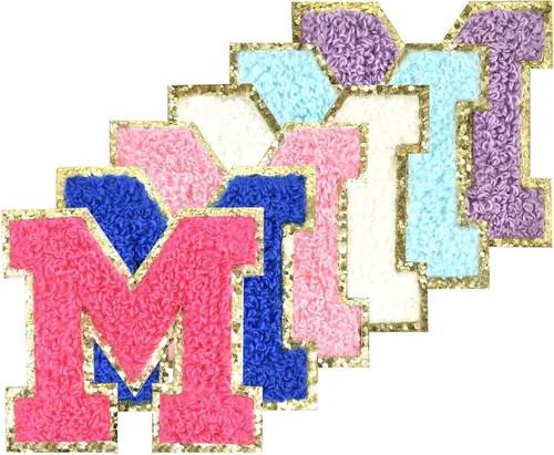 Miniatura 20 de 6 piezas de parches de letras de chenilla autoadhesivas con purpurina para planchar, parches de letras universitarias estilo preppy, letras difusas