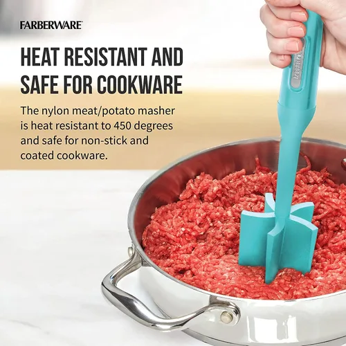 Miniatura 5 de Farberware Triturador de carne y patatas de nailon resistente al calor, seguro para utensilios de cocina antiadherentes, cielo aguamarina