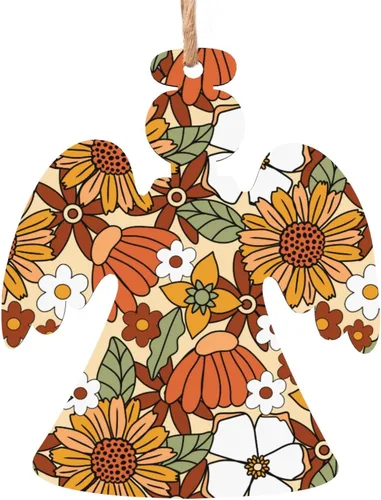 70s Retro Floral Flower Wooden Christmas Ornaments with Twines Holiday Hanging Decorations Angel Shapes Wood Slice Ornaments for Christmas Tree