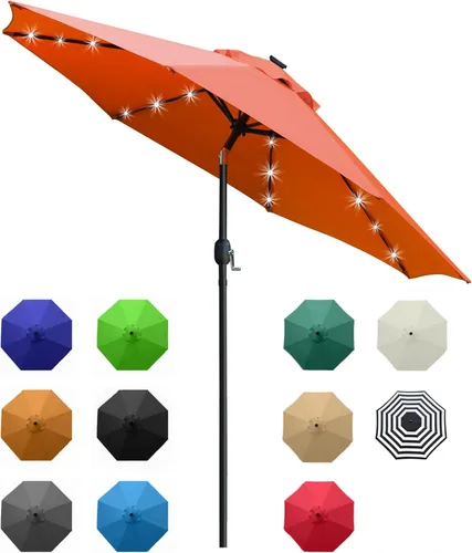 Miniatura 9 de Sunnyglade Sombrilla de patio con luz LED solar de 9 pies con 8 varillas/ajuste de inclinación y sistema de elevación de manivela (azul turquesa)