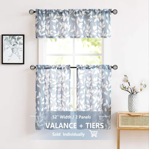 Miniatura 2 de Treatmentex Cortinas azules de cocina de 24 pulgadas con estampado de hojas blancas cortas para ventanas pequeñas, 2 paneles