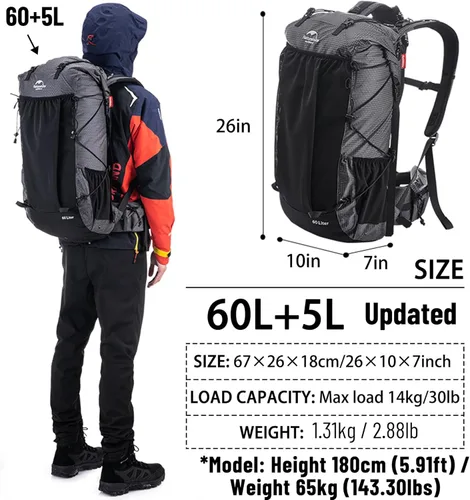 Miniatura 2 de Naturehike Rock-40L/60L+5L mochila de senderismo con marco interno, mochila de camping impermeable, mochila ultraligera para el aire libre