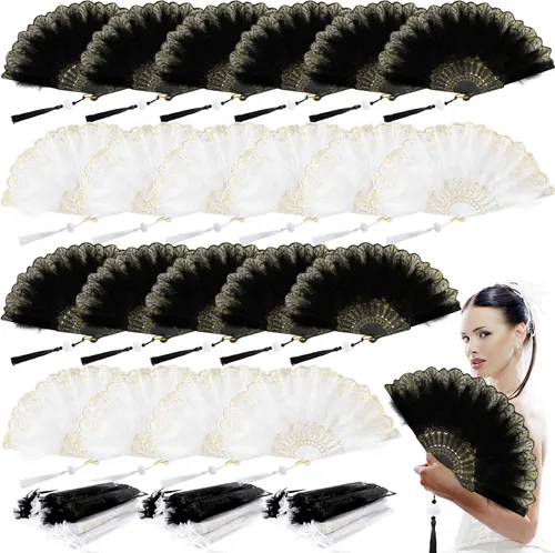 Miniatura 7 de Barydat 24 juegos de abanicos de plumas de marabú a granel vintage de los años 20 de encaje bordado a mano abanico plegable con bolsa de organza