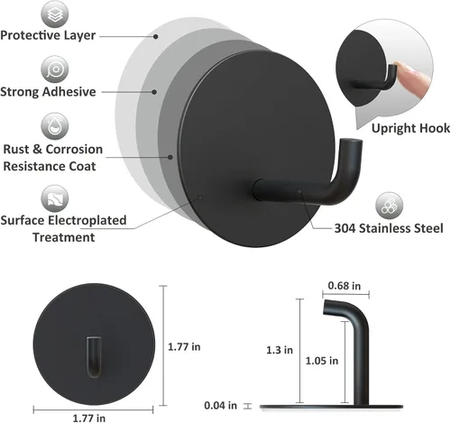 Miniatura 3 de VIS'V Ganchos adhesivos, pequeños ganchos de metal para ducha, impermeables, 2 tiras adhesivas adicionales, redondos, negro, 4