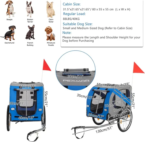 Miniatura 8 de PEXMOR Remolque de bicicleta para perros, carrito plegable para mascotas con enganche universal, transporte de carga para perro y ruedas de Azul