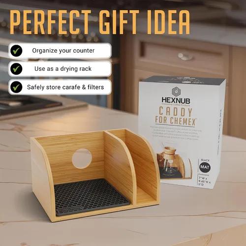 Miniatura 7 de HEXNUB Organizador para cafeteras vertidas, soporte de bambú para jarras Chemex, Bodum, Cosori, alfombrilla resistente al calor, soporte de filtro