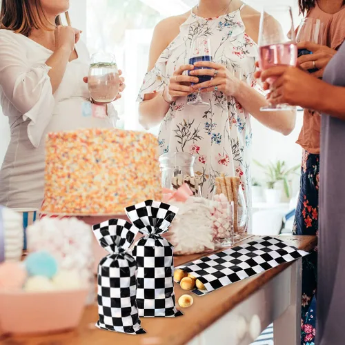 Miniatura 7 de Blulu 100 bolsas de celofán para caramelos, color negro y blanco, a cuadros, bolsas de plástico para regalo de carreras, bolsa de regalo, bolsa