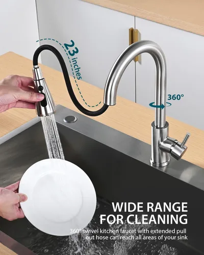 Miniatura 2 de Hiqufet Grifo de cocina con rociador extraíble, grifo de fregadero de cocina de arco alto de una sola manija, grifos modernos de acero inoxidable