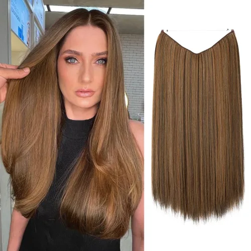 Miniatura 23 de SARLA Extensiones de cabello con alambre invisible de reflejos cortos rectas postizos sintéticos diadema transparente ajustable para mujeres 14