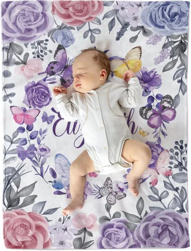 Miniatura 2 de AVIClothes Manta de bebé niña personalizada, mantas personalizadas con diseño de mariposas y flores, manta de bebé con nombre para niña, 30 x 40