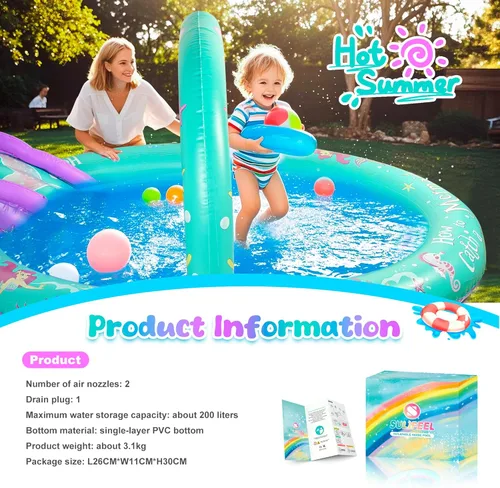 Miniatura 5 de SULIFEEL Centro de Juego Inflable de Sirena Piscina para Niños con Tobogán y Aspersor para Niños, 96''x59''x39'' Piscina para Bebés para Patio