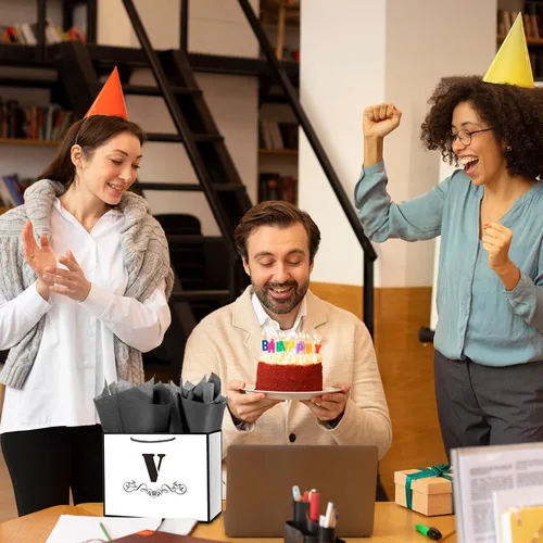 Miniatura 7 de ysmile Bolsa de regalo de letras con papel de seda para hombres, bolsa grande de 12 pulgadas, color blanco y negro, para cumpleaños, aniversario