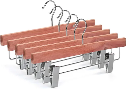 TOPIA HANGER CT07P - Paquete de 10 perchas de madera natural de cedro rojo americano para pantalones de pantalones con clips ajustables antiarrugas