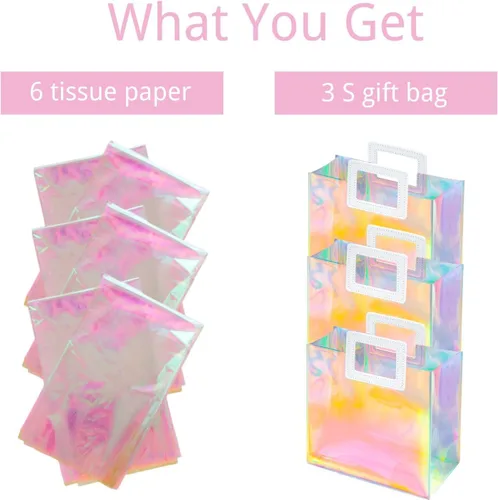 Miniatura 5 de Bolsa de regalo holográfica pequeña de 8.3 pulgadas con papel de seda, reutilizable, bolsa de regalo de cumpleaños para niñas y mujeres, S