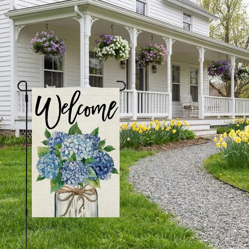 Miniatura 2 de CROWNED BEAUTY Bandera de jardín de primavera, tarro de hortensias de 12 x 18 pulgadas, doble cara, pequeño, floral, decoración de vacaciones