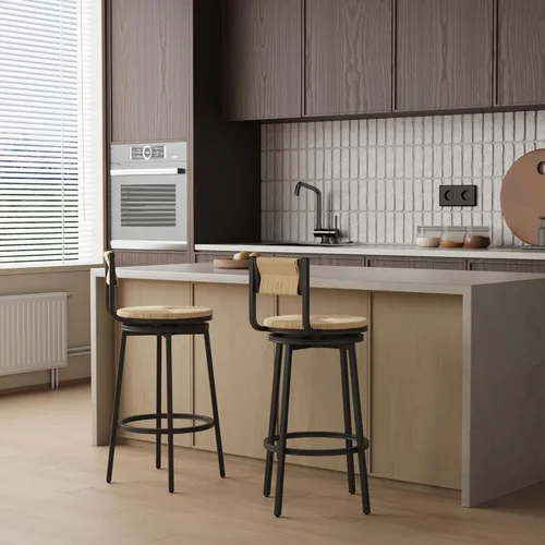 Miniatura 14 de Juego de 2 taburetes de bar modernos tapizados de piel sintética sin brazos con respaldo para bar en casa, comedor, isla de cocina, bistró, club
