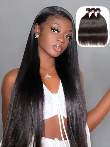 Miniatura 12 de Cabello 7 a malayo liso, 4 paquetes sin procesar, vírgenes, extensiones de pelo, cabello humano con longitudes mixtas, 100% cabello humano