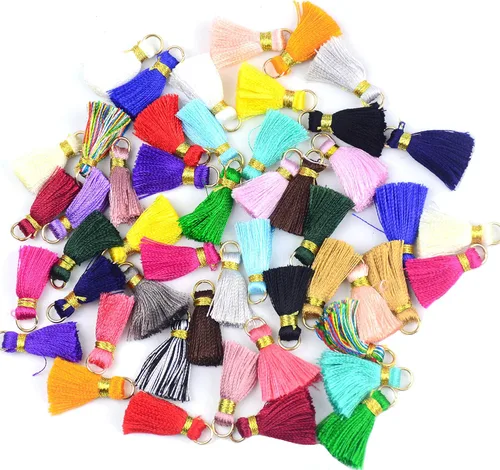 Miniatura 7 de 50 piezas de 0.8 pulgadas (0.8 in) mini borla suave hecha a mano de hilo sedoso con anillo de salto dorado dorado para mujer, aretes para hacer