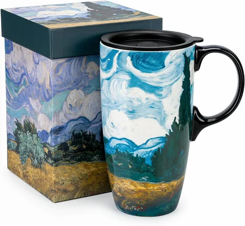 Miniatura 13 de Topadorn Taza de viaje de cerámica Taza de café de porcelana con tapa y caja a prueba de derrames, 17 onzas.