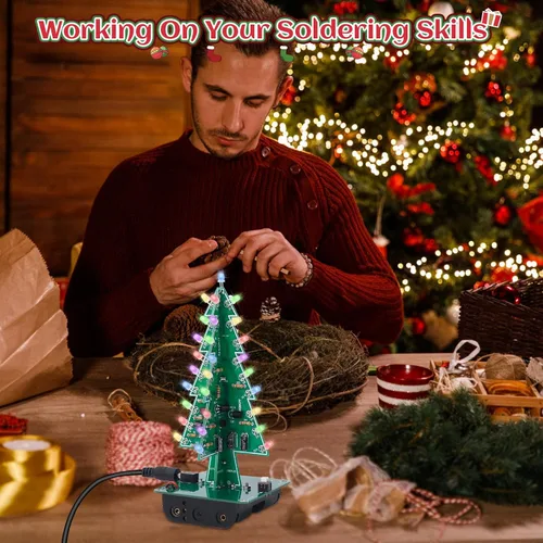 Miniatura 6 de Icstation - Kit para montar árbol de Navidad, 3D, con luces LED de 7 colores intermitentes para práctica de soldadura eléctrica.