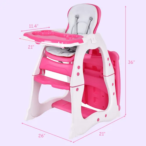 Miniatura 7 de Costzon Silla alta para bebé, juego de mesa y silla infantil 3 en 1, asiento elevador convertible con bandeja de alimentación ajustable de 3 Rosa