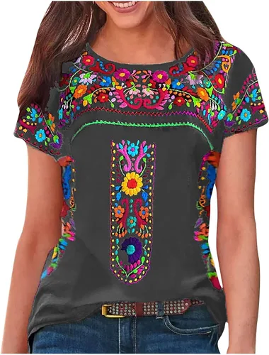 Blusa con estampado de cuello Redondo vintage camisetas de manga corta Y2K para mujer, tops túnica Sudadera,