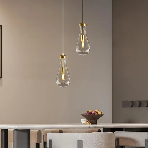Miniatura 8 de Lámparas Colgantes de Gota de Lluvia para Isla de Cocina: Lámparas de Gota de Lluvia de Cristal de 2 Luces - Lámparas de Latón Dorado para sobre