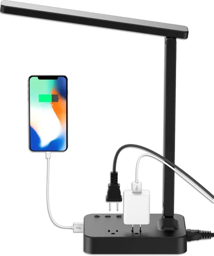 Drevet Lámpara LED de escritorio para dormitorio universitario, luz de escritorio con 1 puerto de carga USB, 2 tomas de corriente CA, 3 modos de