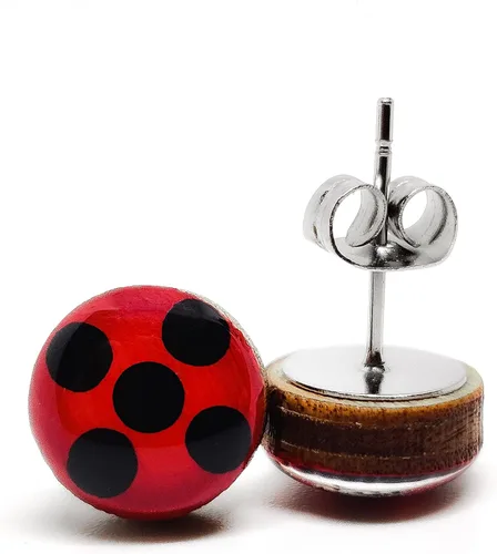 Miniatura 2 de Aretes de tachuelas, mariquita, manchas negras de 10 mm, aretes redondos para mujeres y niñas hechos a mano, entradas de acero inoxidable