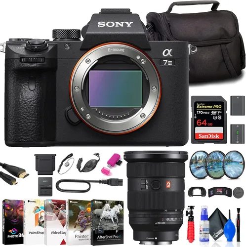 Sony Cámara sin espejo a7 III (ILCE7M3/B) + lente Sony FE de 0.945-2.756 in + tarjeta de 64 GB + kit de filtro + bolsa + batería compatible con