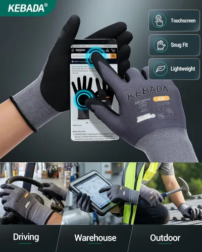 Miniatura 3 de Kebada W2 - Guantes de trabajo unisex, aptos para pantalla táctil, con agarre, elásticos, recubiertos de nitrilo, para jardinería, manejo de Gris