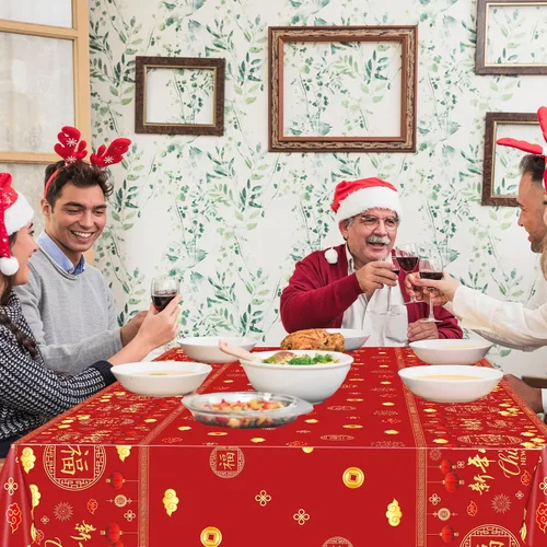 Miniatura 7 de 3 Manteles de Año Nuevo Chino - 54x108 Pulgadas Cubierta de Mesa de Plástico Desechable Roja y Dorada con Linternas, Estampado de Petardos