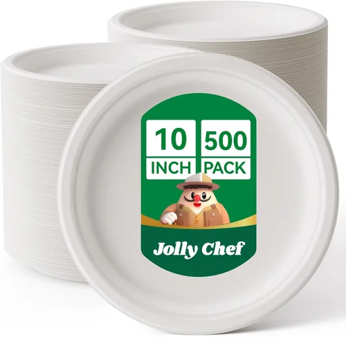 Miniatura 11 de JOLLY CHEF Platos compostables resistentes de 10 pulgadas [paquete de 125] Platos desechables ecológicos blancos hechos de bagazo biodegradables