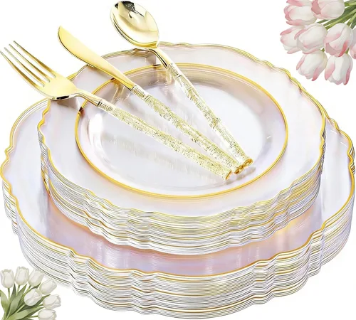 Miniatura 19 de Liacere - 150 platos de plástico plateado transparente y cubiertos desechables de plástico plateado con mango de bambú con purpurina - Platos