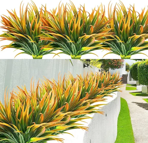 Miniatura 18 de 8 piezas flores artificiales de otoño para decoración al aire libre, plantas artificiales de otoño para exteriores, hierba amarilla artificial