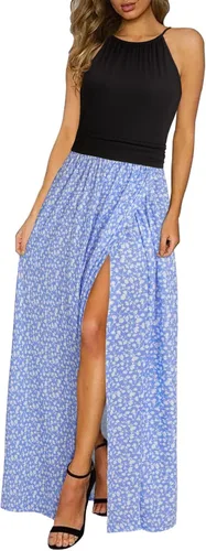 KILIG - Vestido largo con corte y bolsillos, hawaiano, para la playa, para primavera, con cuello halter, floral, informal, largo hasta el tobillo o